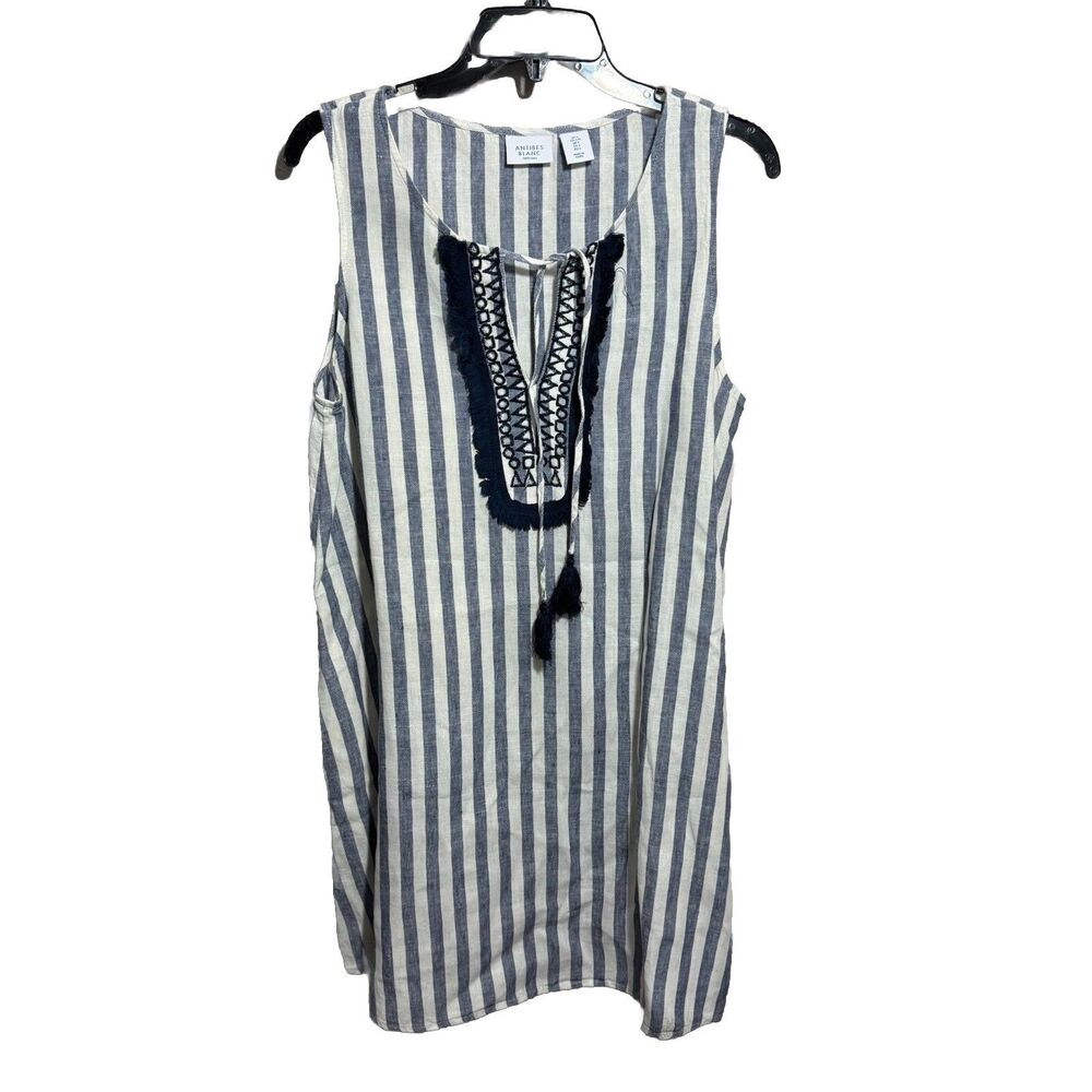Antibes Blanc Sleeveless Blue Striped Tassel Tie Linen Dress Sz L